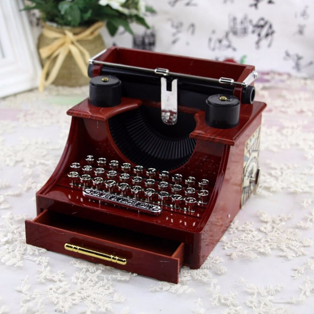 AUEAR Vintage Typewriter Music Box - Wind-Up Desk Decor With Drawer, No Batteries Needed